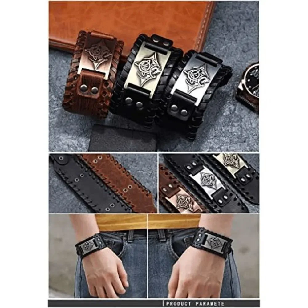 Viking Punk Gothic Black Leather Cuff Bracelet Wristband with Nordic Amulet